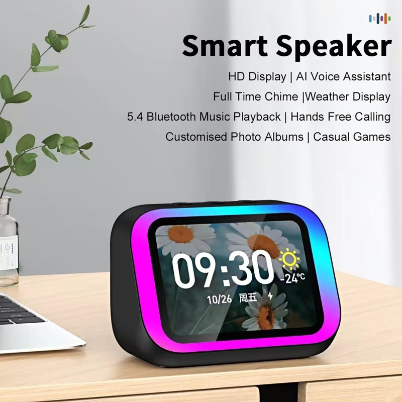 Smart Home Monitoring - KI-Sprachassistent Bluetooth-Lautsprecher mit RGB-Farbbeleuchtung, Wecker, LED-Bildschirm,