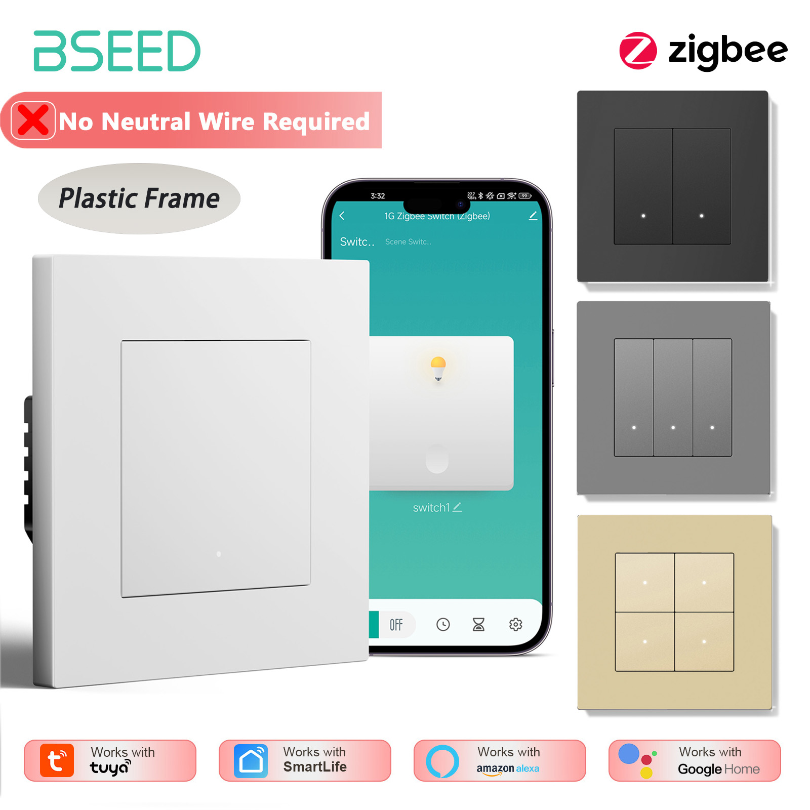 Smart Home Yellow - BSEED 1/2/3/4-fach Zigbee Lichtschalter, Smarter Klick-Tastenschalter,